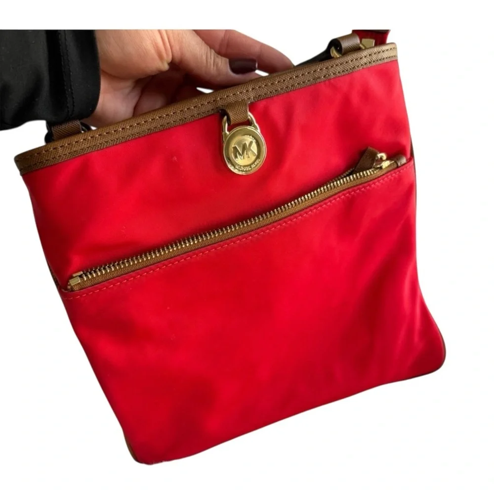 Michael Kors Red & Brown Nylon Crossbody Bag with Gold‎ Hardware